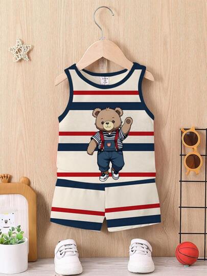SHEIN Baby Boy Casual Striped Bear Print Vest And Shorts Set, Summer Boy Clothes For Baby Summer Boy Clothes For Baby Baby Boys Rompers Baby Boy Clothes Cheap Boy Clothes Set Baby Boy Cartoon Clothes