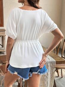 SHEIN Square Neck Puff Sleeve Lace Trim Ruffle Hem Maternity Nursing T-Shirt - White - View 3