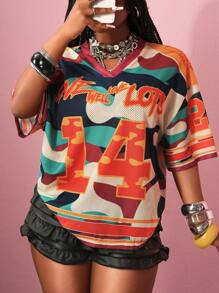 Slaydiva 2025 夏季新款街头风格休闲宽松 V 领彩色全迷彩印花 T 恤女款，适合音乐节、日常外出、毕业派对、俱乐部、街头风格、网眼设计、运动图形元素 - B - 彩色 - 查看 5