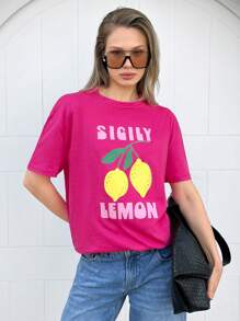 SHEIN Camiseta con estampado de limón en color rosa intenso, Camiseta de la colección de cítricos de verano, Camiseta con estampado de fruta de estilo retro, Camiseta gráfica de limón de la colección de verano, Camiseta casual de algodón con mensaje, Camiseta gráfica de limón en rosa intenso, Colección de estampados casuales de verano, Camiseta gráfica de algodón premium, Tela transpirable
