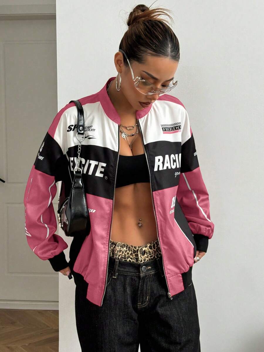 SHEIN HypeZone Áo khoác bomber thả vai họa tiết chữ tương phản màu sắc cho quần áo năm mới - Nhiều màu - Xem 1