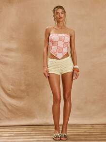 MUSERA 低腰荷叶边修身超短热裤，适合夏季度假，波西米亚风，伊比沙岛风情，优雅俱乐部沙滩装，可爱性感，适合节日狂欢派对。 - 黃色 - 查看 3