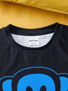 Paul Frank X SHEIN 青少年男孩卡通蓝色图案黑色休闲短袖 T 恤和短裤运动服套装 - 彩色 - 查看 5