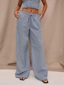 SHEIN BAE Women's Belted Straight Leg Loose Casual Pants, Versatile - Navy Blue - View 3