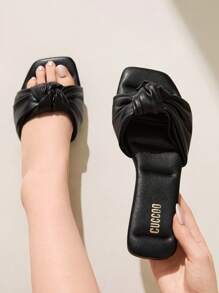CUCCOO CHICEST Women's Summer New Knotted Design Square Toe Flat Elegant Casual Basic Comfortable Black Faux Leather Ladies Flat Sandals, Flip Flops, Beach Shoes, Versatile Resort Style For Hawaii Beach