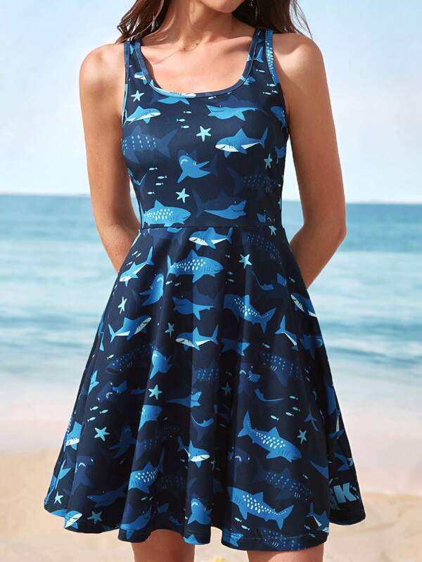 Shark Week X SHEIN Rochie scurtă fără mâneci, cu imprimeu rechin, cu gât pătrat, potrivită pentru vară