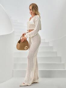 CLARA VERO Elegant Cream Knit Crop Cardigan And Skirt Set Cover Up - White - View 6