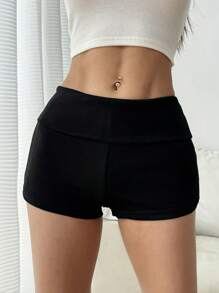 SHEIN EZwear 女士纯色翻腰休闲短裤 - 黑色 - 查看 6