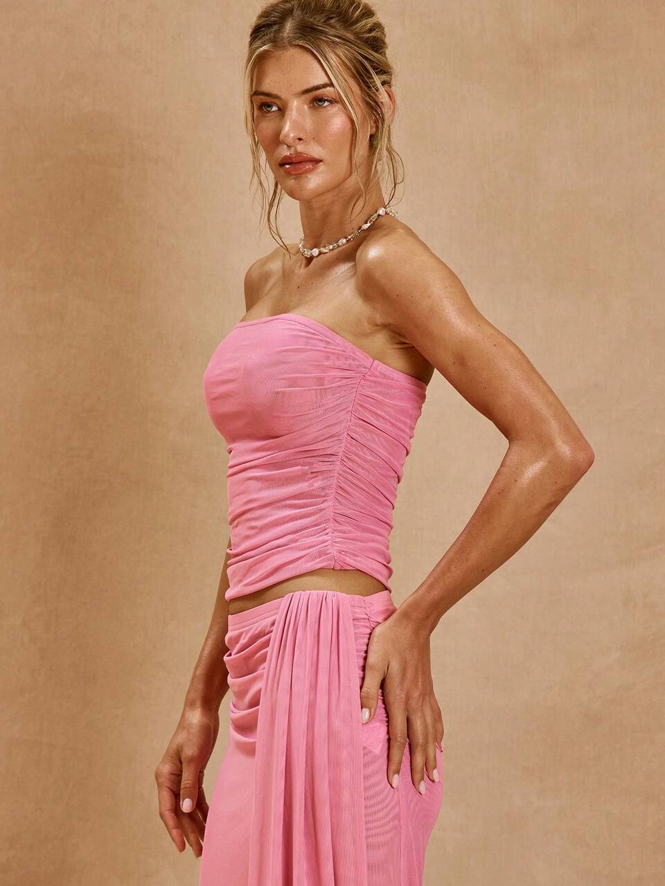 Soft Pink Double Layer Mesh Fitted Longline Bandeau Top Summer 70s Party Boho Elegant Wedding Guest Birthday Prom Graduation KHALUI Festival