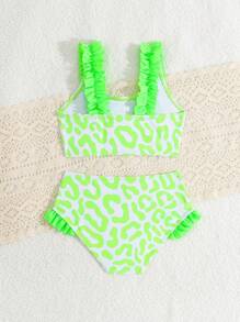 SHEIN Young Girl Leopard Print Swimwear Set With Frill Trim, Two Pieces - Multicolor - View 2
