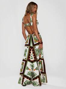 MUSERA Wide Leg Wired Cut Out All Over Pattern Jumpsuit Spring, Summer, Holiday, Festival, Vacation, Beach Wedding Guest - Green - View 3