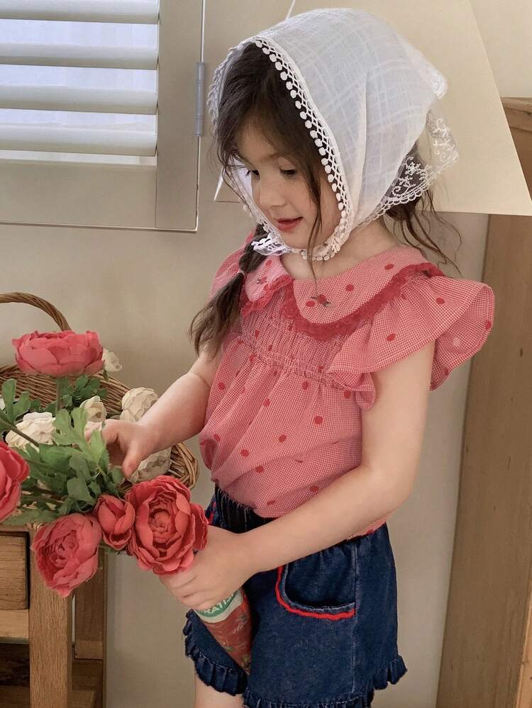 2pcs/Set Girls Young Girl Chic Cap Sleeve Top And Denim Shorts Set, Summer