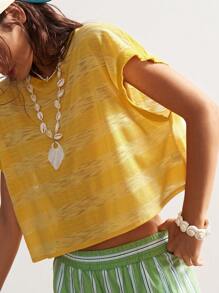 Bohemela BOHO Casual Beach Holiday Solid Color Knit Striped Loose T-Shirt For Women