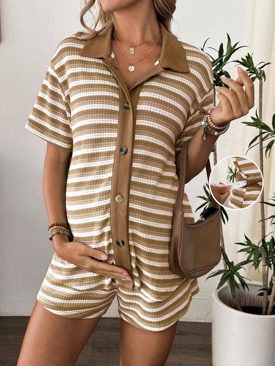 SHEIN 2pcs/Set Maternity Gradient Striped Shirt With Elastic Waistband Shorts