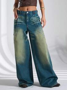 EURMUSE Low Waist Vintage Wash Y2K Loose Jean - Medium Wash - View 1