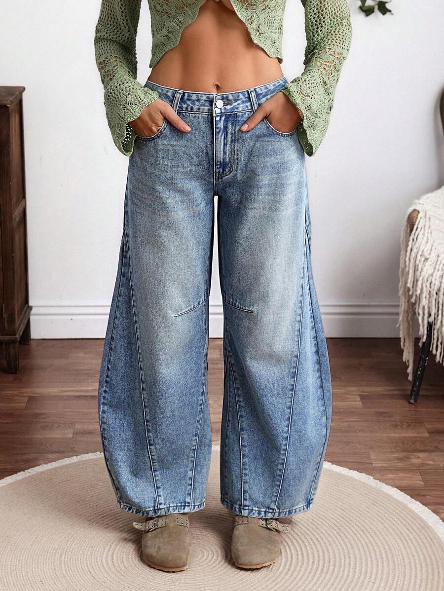 Breezaya Women's Pocket Loose Flared Casual Versatile Jeans - Blue - View 1