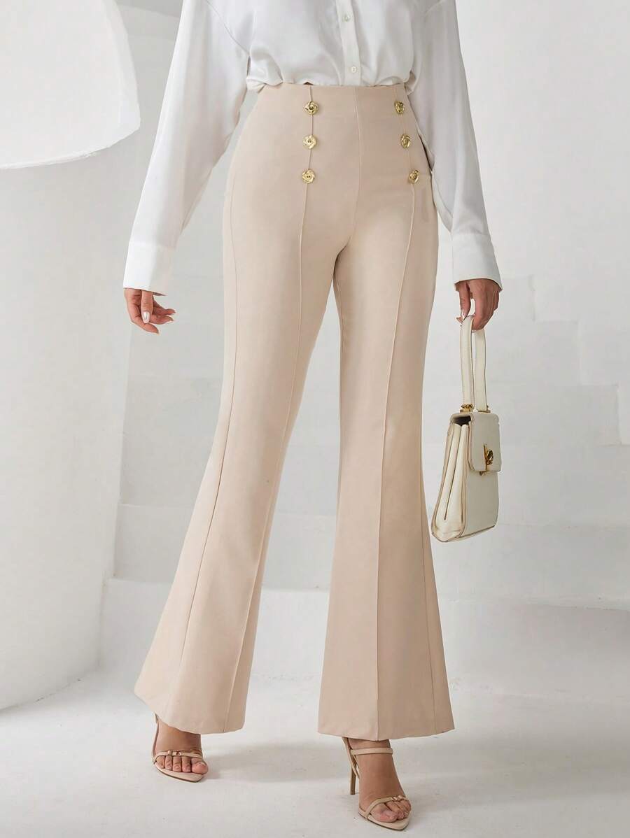 SHEIN Cottnline 女式纯色双纽扣设计优雅喇叭裤 - 米色 - View 1