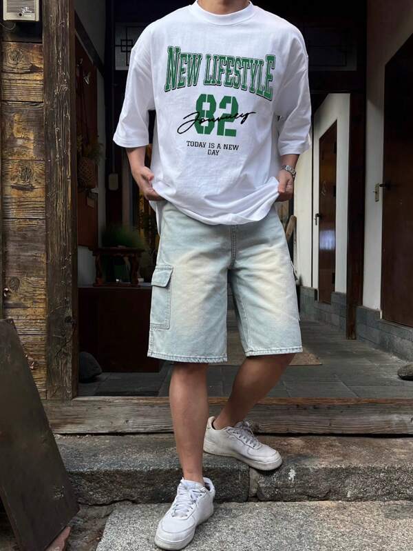 DAZY Camiseta blanca con estampado de letras verdes, telas gráficas para hombre, para el verano