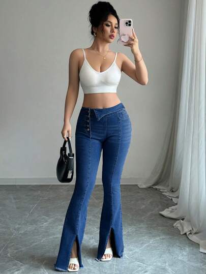 Elenzga Jeans de talle asimétrico elegantes y casuales con vuelo para mujer