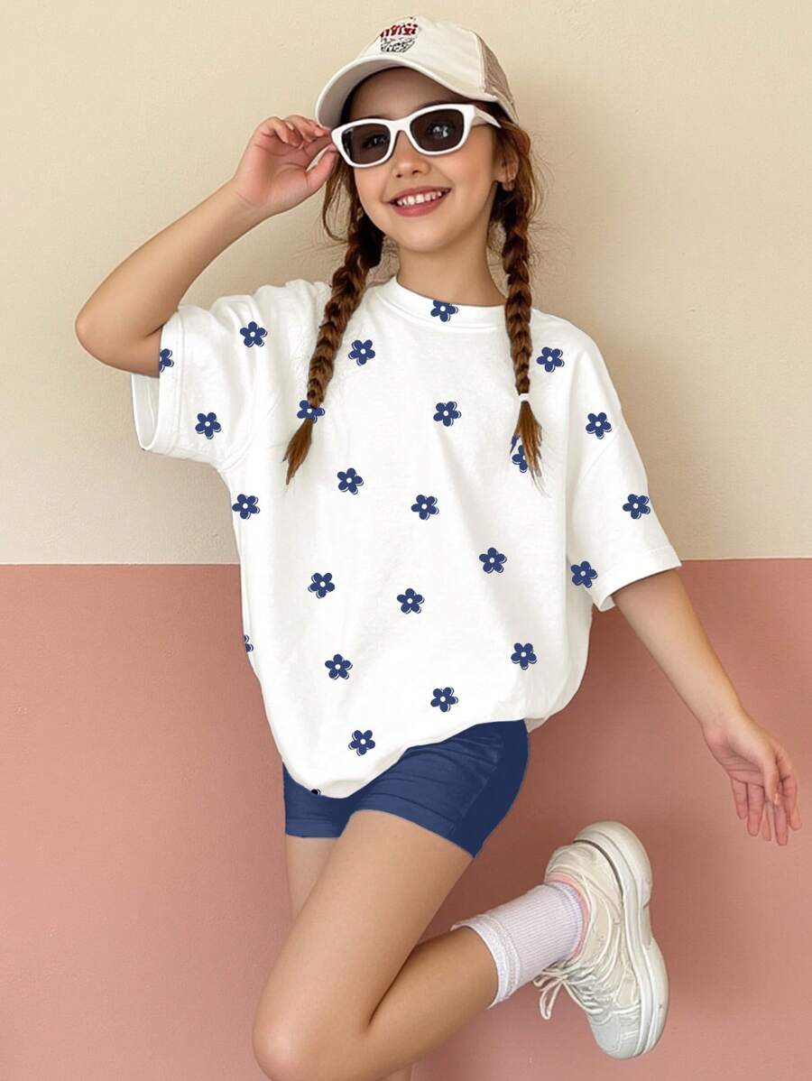 SHEIN 青少年女孩休闲简约短袖 T 恤和短裤两件套,适合夏季 - 彩色 - 查看 1