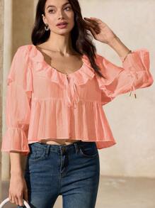 Revavyn Áo cánh nữ tay bồng, vải organza họa tiết voan cổ chữ V thanh lịch, thiết kế boho thời trang cho mùa xuân thu, áo trễ vai - Hồng - Xem 3