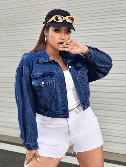 SHEIN ICON Plus Size Women Single Breasted Long Sleeve Casual Denim Jacket