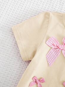 Cozy Pixies Baby Girl Textured Bow Knit Soft Round Neck Short Sleeve Pullover Top - Apricot - View 4