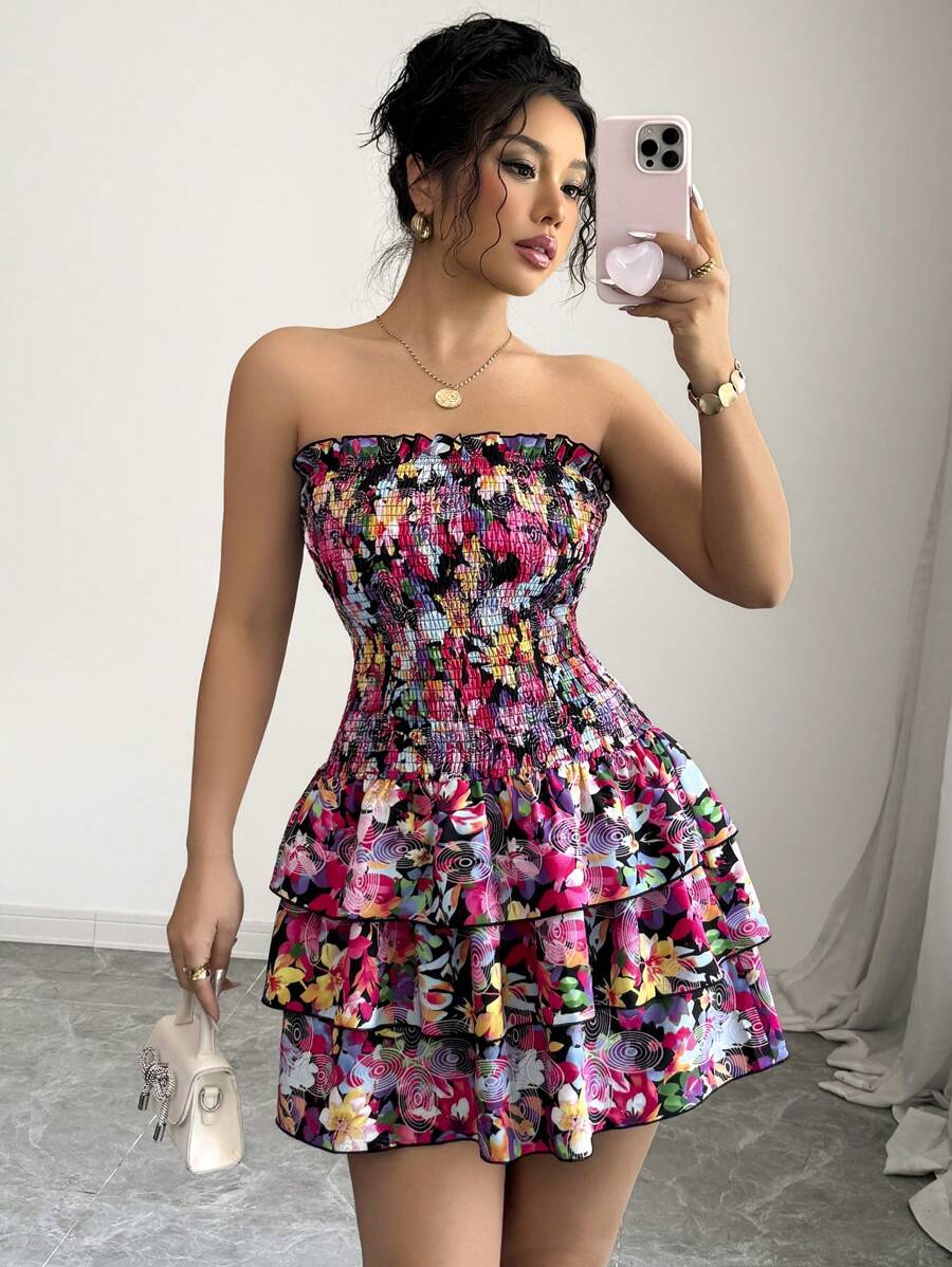 Elenzga Pink Sexy Cake Floral Print With Ruffle Trim Design Ladies Dress - Red and Black - View 1