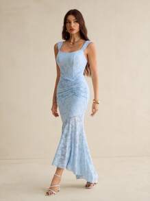 SHEIN Tall 女士优雅浪漫度假纯色约会情人节浅蓝色鱼骨针织镂空纹理荷叶边不对称鱼尾下摆修身长裙 - 藍色 - 查看 3