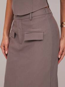 Silquee Damska jednolita szara spódnica maxi z rozcięciem na dole na lato - Szary - Zobacz 3