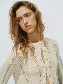 Lumivelle Short Hollow-Out Knitted Cardigan - Apricot - View 4