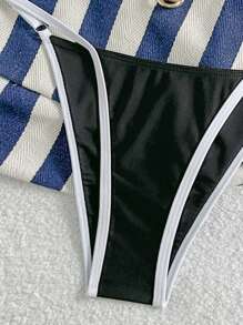 SHEIN Swim Conjunto de bikini de dos piezas ajustable para mujer, con diseño minimalista y ribete en contraste negro y blanco - Blanco y Negro - Ver 4