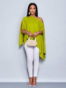 SOLERSUN 女士单肩披肩袖不对称下摆亚麻衬衫 - 綠色 - 查看 4