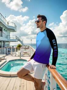 Manfinity Swimmode Camiseta con gráfico de surf para hombres, moda para el verano, pantalones cortos de baño para hombres, camiseta de protección solar plus para hombres, de verano, estampado hawaiano