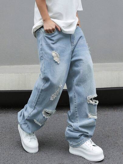 Manfinity EMRG Men's Loose Fit Wide Leg Casual Jeans With Ripped Pockets