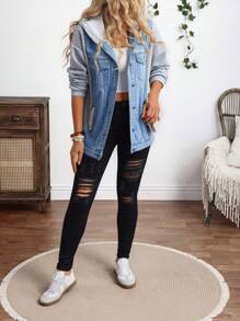 EMERY ROSE Women's Casual Button-Up Denim Hooded Jacket, For Daily Wear - Blue - View 8