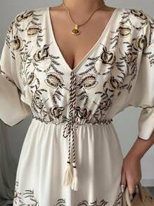 Elenzga 女式优雅度假花卉印花撞色V领喇叭袖长裙