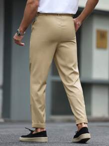 Manfinity Homme Men's Solid Color Pleated Waist Tie Tapered Casual Pants - Khaki - View 2