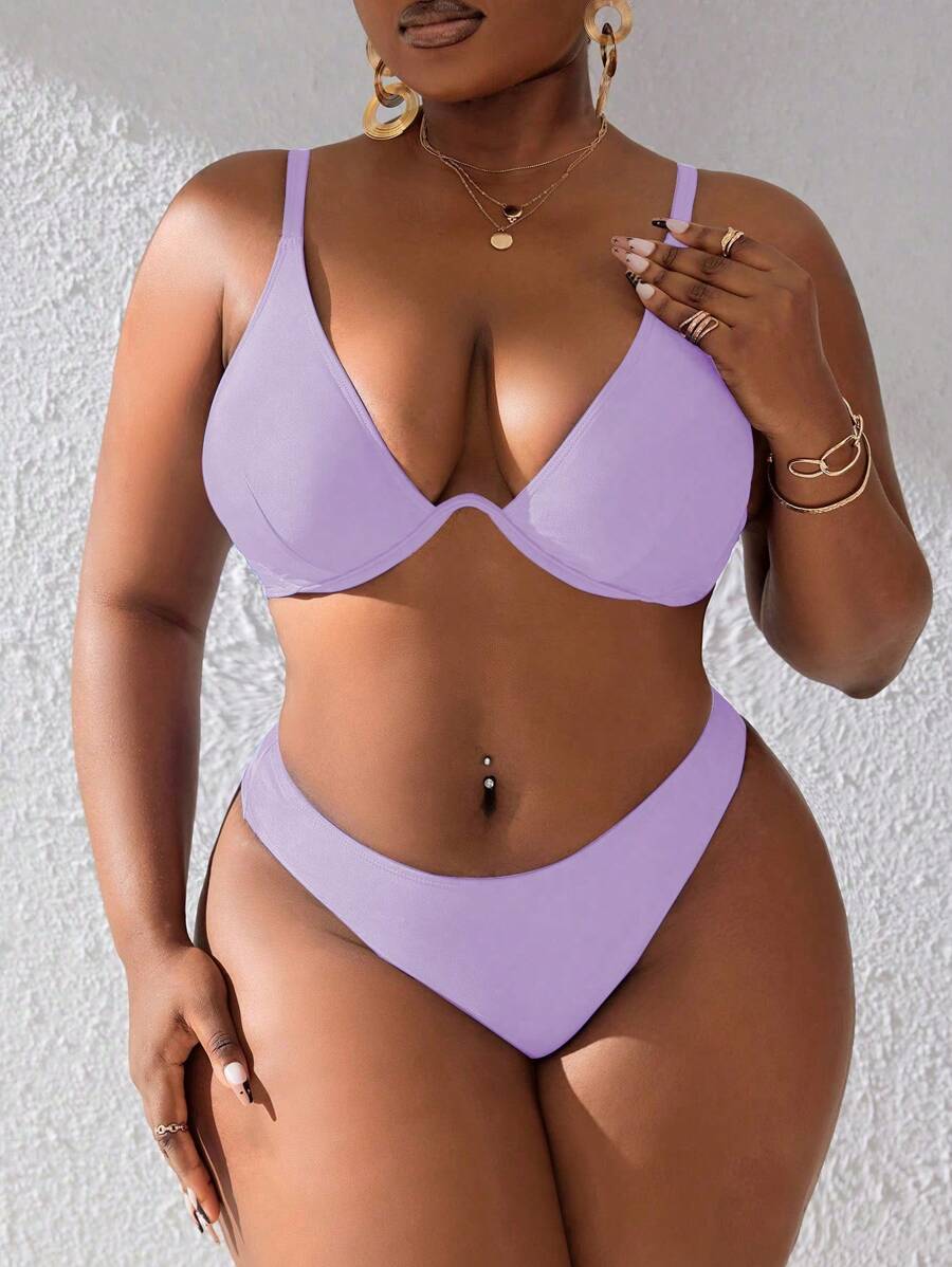 Slaydiva Conjunto de bikini de talla grande de unicolor para mujer para la playa de verano - Morado - Ver 1