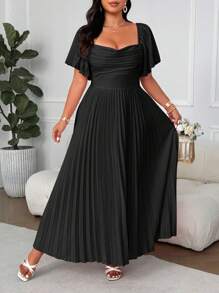 EMERY ROSE Große Größen Kleid mit quadratischem Ausschnitt, Herzausschnitt, Rüschenärmel, plissiertem A-Linien-Schnitt, vintage elegant für Frühling/Sommer, Urlaub, Hochzeitsgast, Party, Frauen