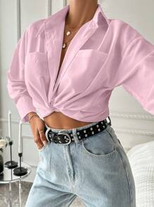 EURMUSE Women's Solid Color Pocket Front Button Casual Loose Long Sleeve Shirt - Pink - View 6