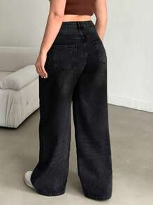 EURMUSE 100%Cotton Women's Plus Size Black Straight Leg Jeans - Dark Grey - View 2