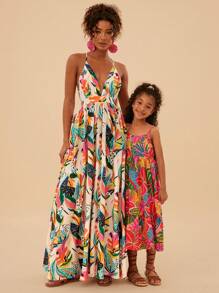 SHEIN Young Girl Ditsy Floral Sleeveless Casual Dress - Red - View 2