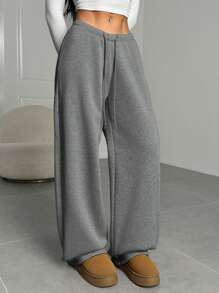 SHEIN EZwear 女士纯色抽绳腰休闲宽松时尚运动裤 - 深灰色 - 查看 6