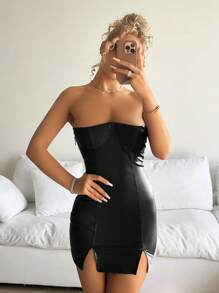 SHEIN ICON Vestido de regreso a casa de tubo negro de piel sintética (PU) entallado con abertura en el bajo