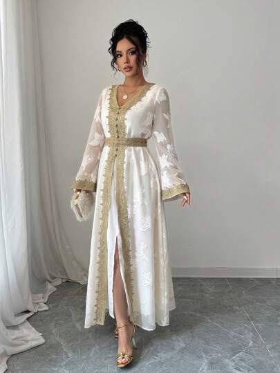 Rafferiza 女式V领长袖金色花卉蕾丝拼接连衣裙