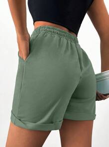 EURMUSE Women's Solid Color Simple Drawstring Shorts For Daily Wear - Mint Green - View 2