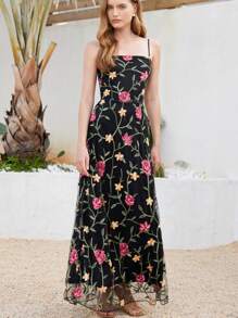 Aveloria Nowa Elegancka Francuska Vintage Elegancka Dama Formalna Romantyczna Ciężka Haftowana Siatka Kwiatowa 3D Dekoracja Bez Rękawów Ściągana Talia Maxi Sukienka A-Line