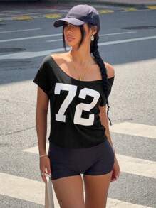 Jouncy 女式数字印花露肩短袖休闲T恤，夏季 - 黑色 - 查看 6