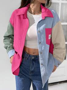 SHEIN EZwear Plus Size Casual Colorblock Patchwork Long Sleeve Jacket Winter Fall Autumn - Hot Pink - View 4